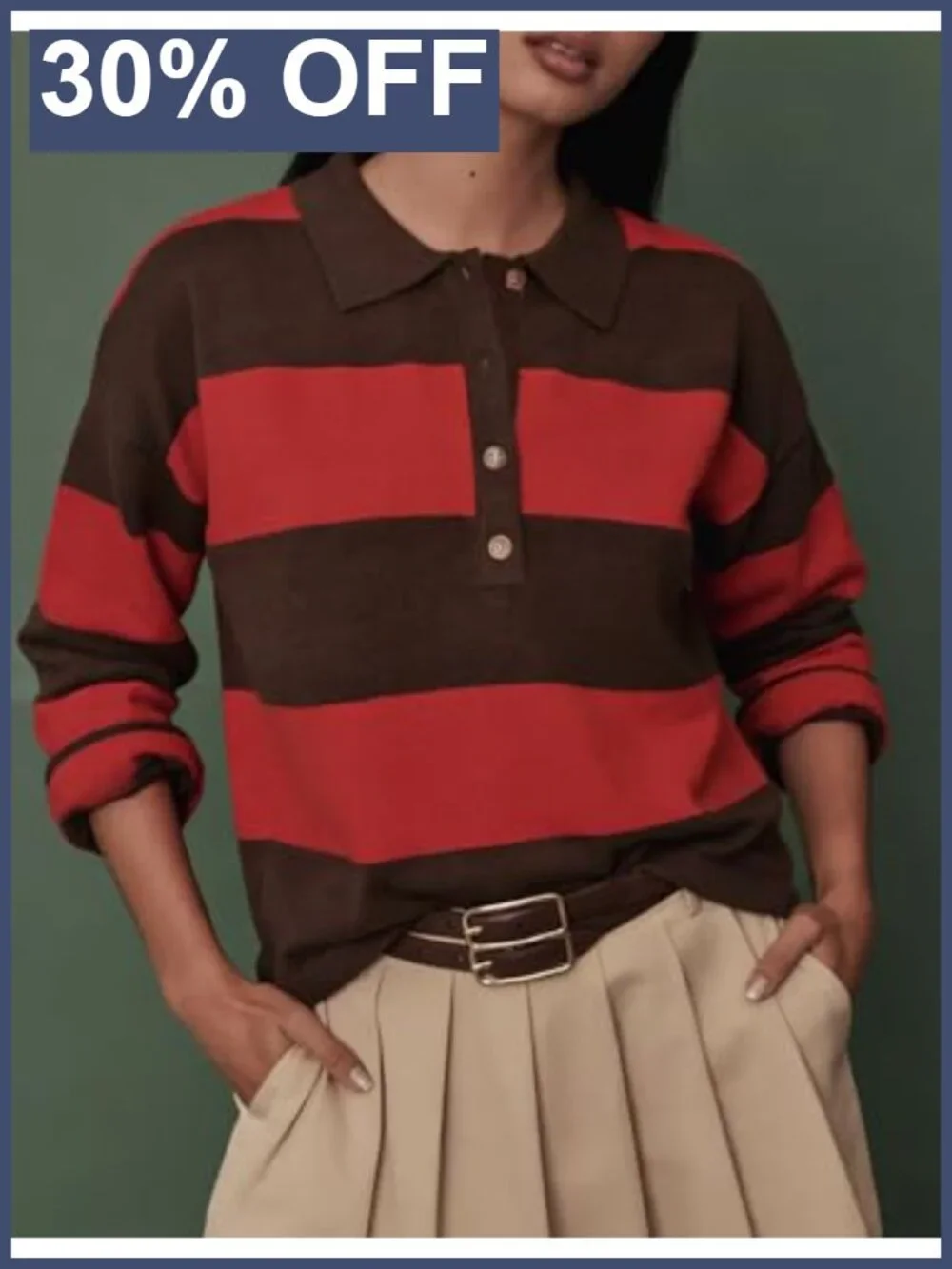 Rugby Polo Sweater Women Button Front V-Neck Striped Pullover
